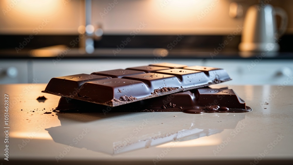 Dark chocolate bar pieces on a shiny surface in a modern kitchen
Dark chocolate bar pieces on a shiny surface in a modern kitchen