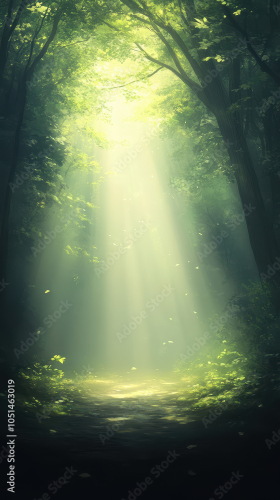 Fototapeta premium serene forest scene illuminated by soft sunlight filtering through trees, creating tranquil atmosphere. gentle rays highlight lush greenery and peaceful path ahead