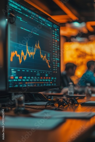 A conference room with a large screen displaying a bullish market trend. Attendees are engaged and taking notes, Generative AI