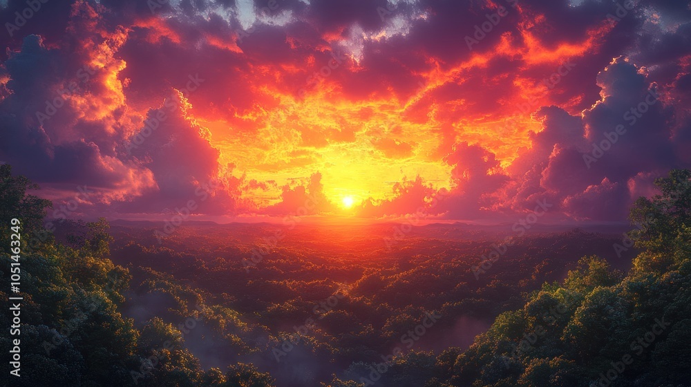 Vibrant sunset over a lush landscape with dramatic clouds. Vibrant sunset over a lush landscape with dramatic clouds.