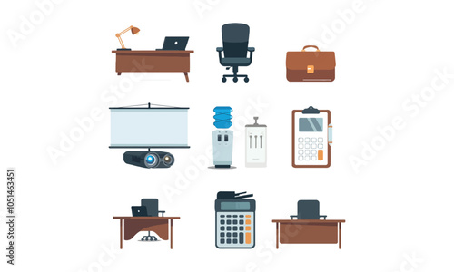 A vector set of office supplies and furniture icons featuring desks, chairs, a projector screen, a water dispenser, a briefcase, a calculator, and a clipboard. Perfect for workplace branding, producti photo