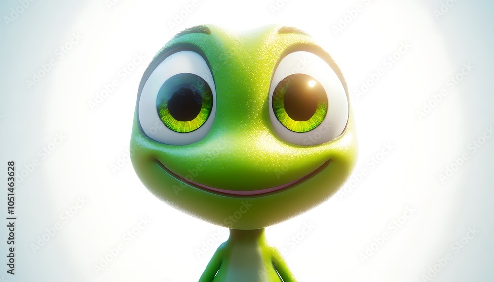 An adorable green character with large, expressive eyes and a cheerful expression, isolated against a bright white backdrop. An adorable green character with large, expressive eyes and a cheerful expression, isolated against a bright white backdrop.