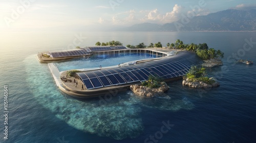 An innovative desalination system providing clean water for an island, using a combination of solar energy and advanced membrane technology to make seawater drinkable photo