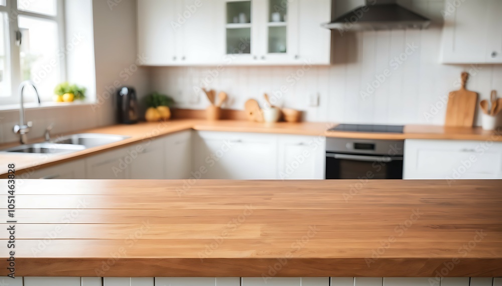 Fototapeta premium Smooth Wood Tabletop with Blurred Kitchen Backdrop, Ai generated Images