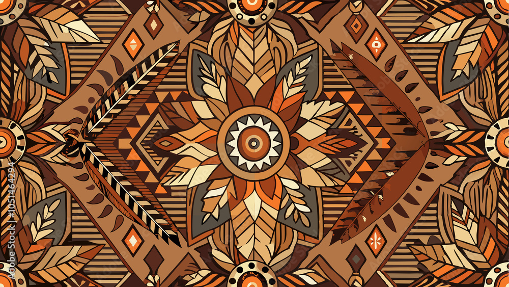 Tribal Geometric Pattern with Sun Motif in Warm Earth Tones