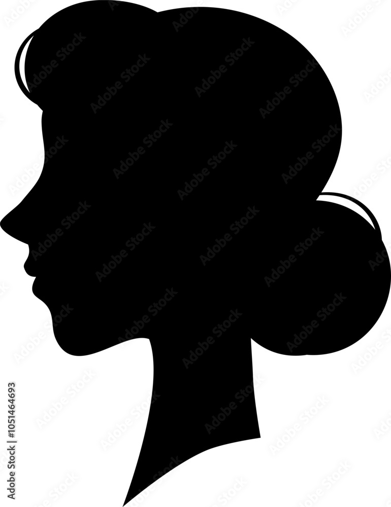 Black silhouette profile of woman with retro hairstyle facing left side, isolated on white background. Black silhouette profile of woman with retro hairstyle facing left side, isolated on white background.