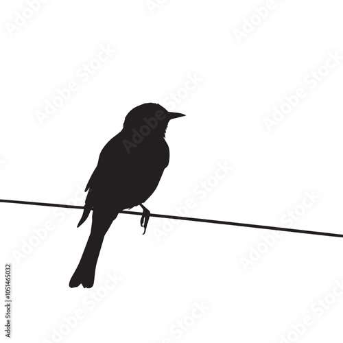 Black and white bird illustration of a silhouette on a wire