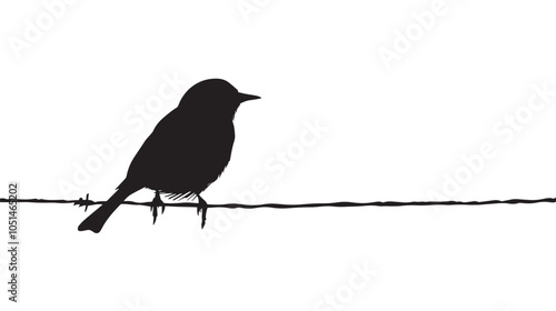 Black and white bird illustration of a silhouette on a wire