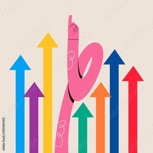 Arrows and finger pointing upwards. Concept of progress. Colorful vector illustration