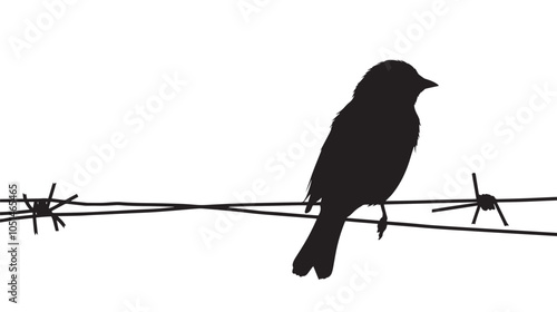 Black and white bird illustration of a silhouette on a wire