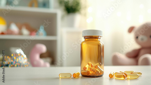 A bottle of softgel capsules sits on a table, with several capsules scattered nearby, and a soft toy blurred in the background. photo