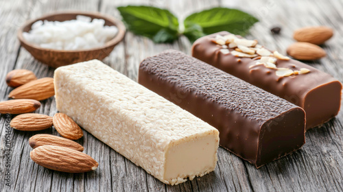 A selection of delicious candy bars on a wooden table, featuring different flavors and toppings like almonds and chocolate coating. photo