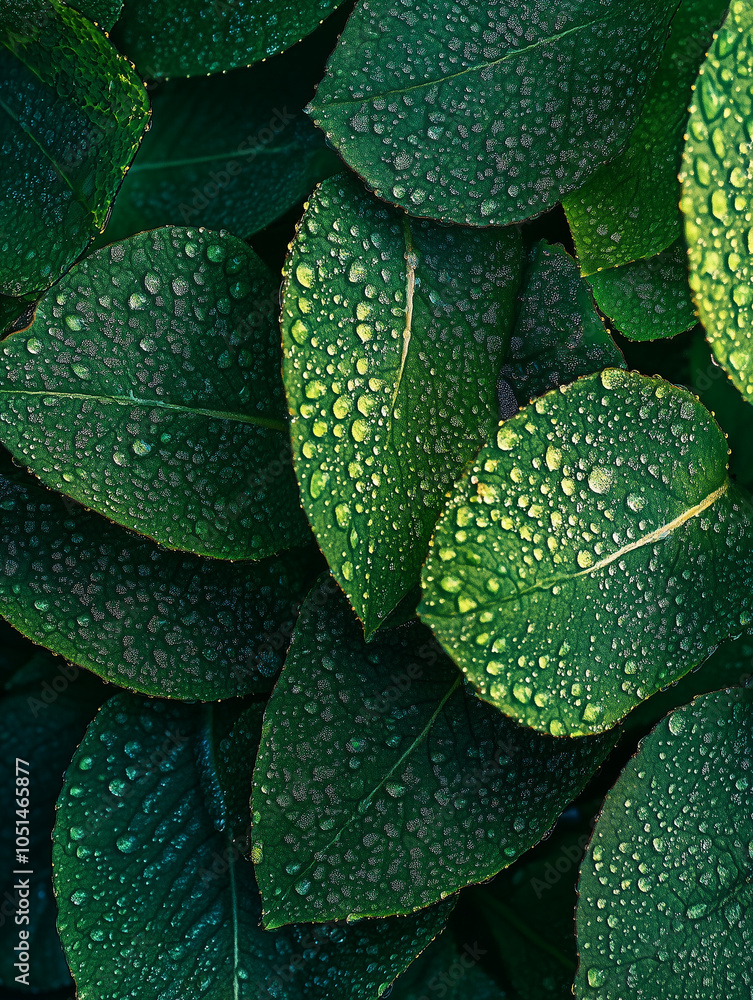 Obraz premium A serene natural backdrop of vibrant green leaves with dew, perfect as an abstract wallpaper