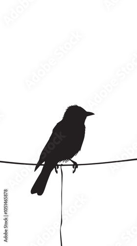 Black and white bird illustration of a silhouette on a wire