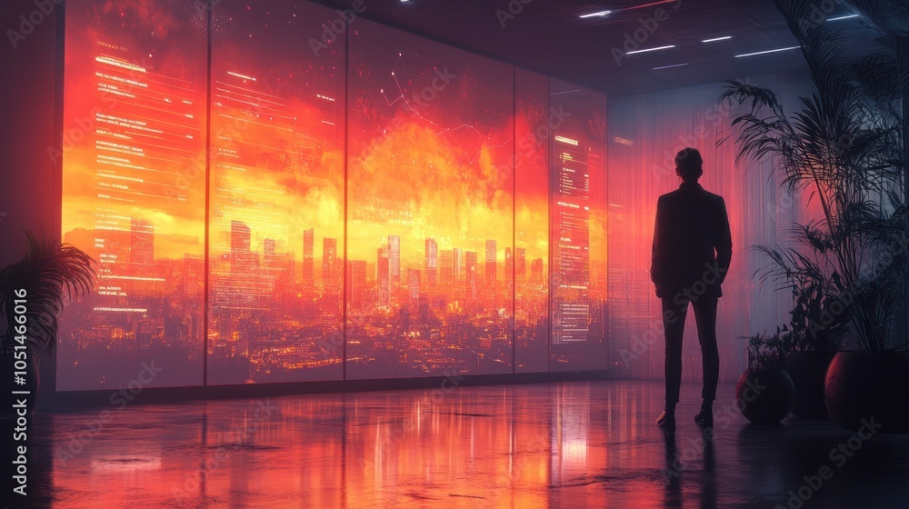 Fototapeta premium A Silhouetted Figure Stands Before a Large Window Displaying a Fiery Cityscape