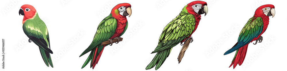Obraz premium Four colorful and vibrant macaw parrots perching on branches in a lush green tropical rainforest habitat The parrots display their stunning multicolored plumage of red green and blue feathers