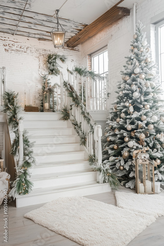 Cozy Christmas liveroom with a decorated tree, wrapped gifts, and a rustic staircase. Ideal for creating a festive and inviting atmosphere. photo