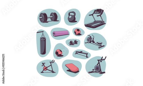 A dynamic vector collection featuring gym and fitness equipment, including dumbbells, kettlebell, treadmill, punching bag, yoga
