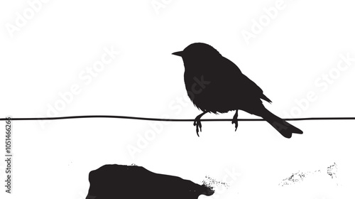 Black and white bird illustration of a silhouette on a wire