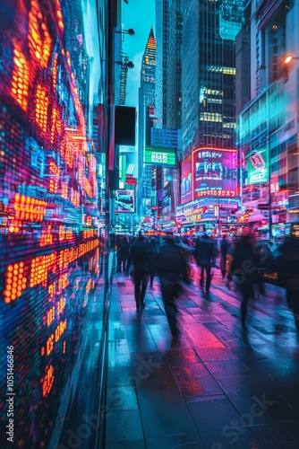 A vibrant financial district with digital signs showing market gains. People walk briskly with a sense of purpose, Generative AI