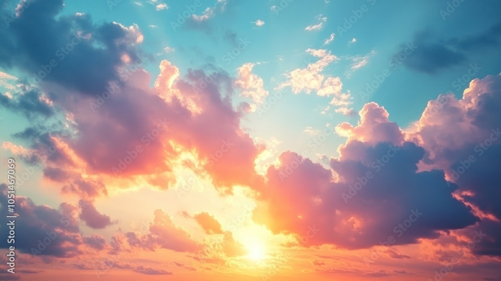 A vibrant sunset with colorful clouds and a bright sun in the sky. A vibrant sunset with colorful clouds and a bright sun in the sky.