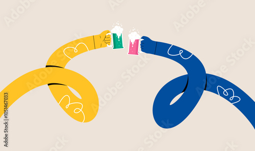 Funny long hands holding beer glass. Colorful vector illustration