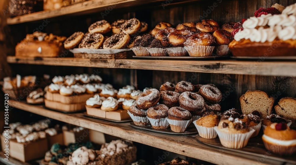 A display of freshly baked goods designed for special diets, such as sugar-free donuts, gluten-free bread, and dairy-free cupcakes, set on wooden shelves in a cozy bakery A display of freshly baked goods designed for special diets, such as sugar-free donuts, gluten-free bread, and dairy-free cupcakes, set on wooden shelves in a cozy bakery