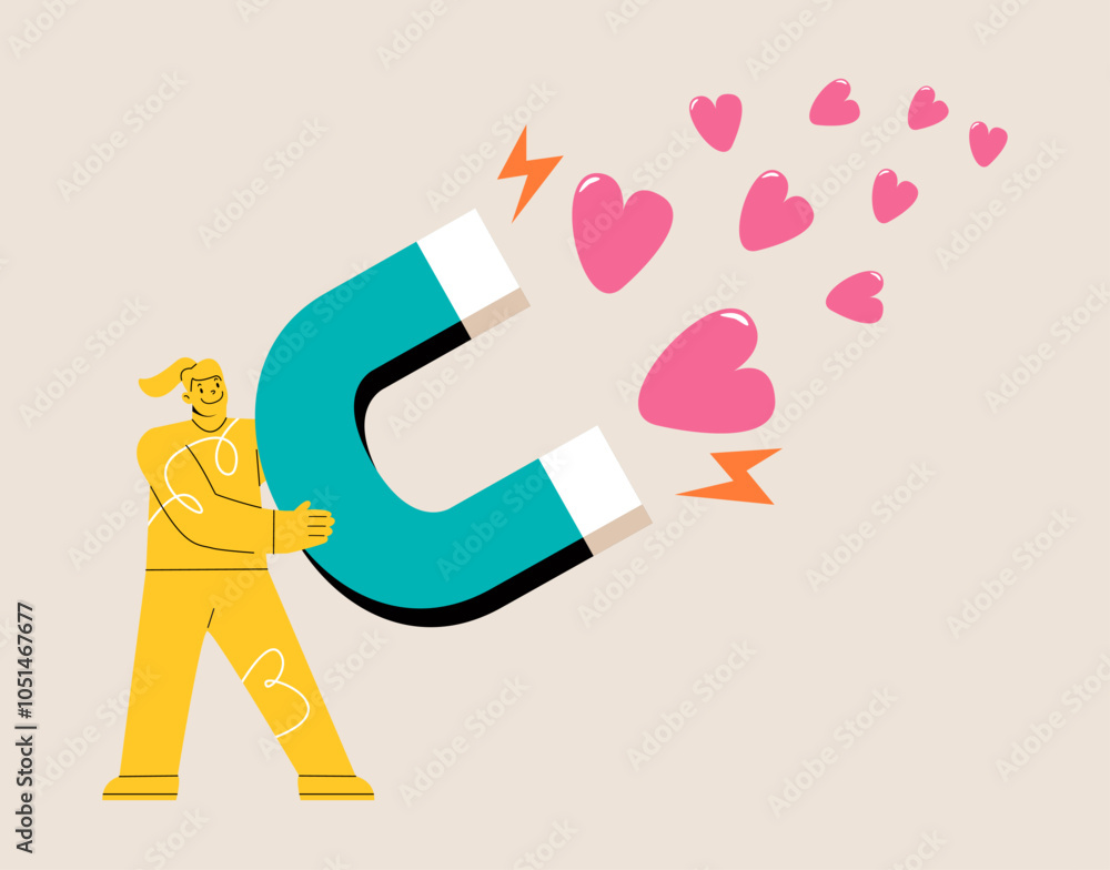 Female using magnet attracts hearts. Clients attraction concept. Colorful vector illustration Female using magnet attracts hearts. Clients attraction concept. Colorful vector illustration