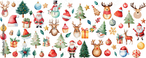 Christmas elements set design. Christmas collection of bells, Santa, deer, cookies, showman, tree, Hand Drawn Christmas Doodles, Christmas Celebration Related Object in Watercolor Style Illustration