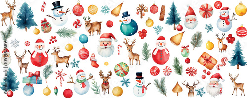 Christmas elements set design. Christmas collection of bells, Santa, deer, cookies, showman, tree, Hand Drawn Christmas Doodles, Christmas Celebration Related Object in Watercolor Style Illustration