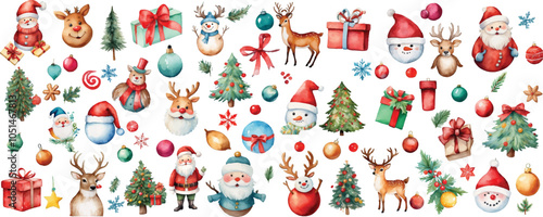 Christmas elements set design. Christmas collection of bells, Santa, deer, cookies, showman, tree, Hand Drawn Christmas Doodles, Christmas Celebration Related Object in Watercolor Style Illustration