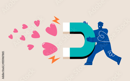 Male using magnet attracts hearts. Clients attraction concept. Colorful vector illustration