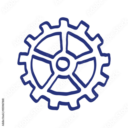 Gear sketch. Hand drawn vector illustration. Blue pen or marker drawing. Primitive kids picture