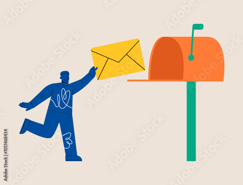 Man holding envelope inserting into mail box. Colorful vector illustration