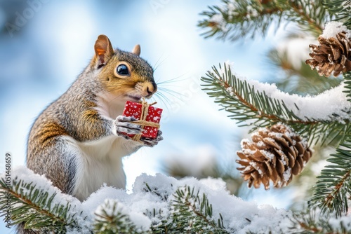 Squirrel holding a tiny Christmas gift on a snowy branch