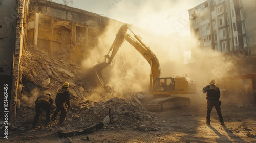 Wallpaper Mural Demolition workers operate heavy machinery to tear down building, creating cloud of dust and debris. scene captures intensity and effort involved in urban demolition Torontodigital.ca
