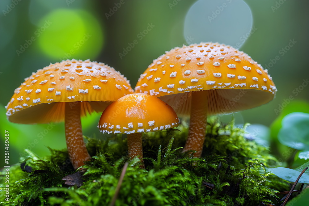 Fototapeta premium Three orange mushrooms with white spots, Generative AI