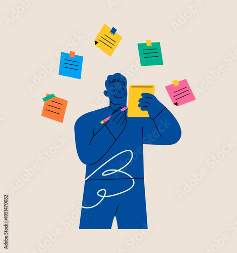 Making notes. Man with a notebook and pencil. Colorful vector illustration