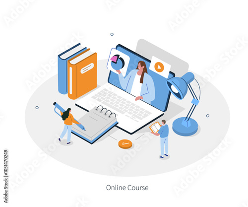 Online tutoring education concept. Business training, distance learning banner template. Internet course, podcast, webinar, video tutorial infographic. Flat isometric vector illustration.