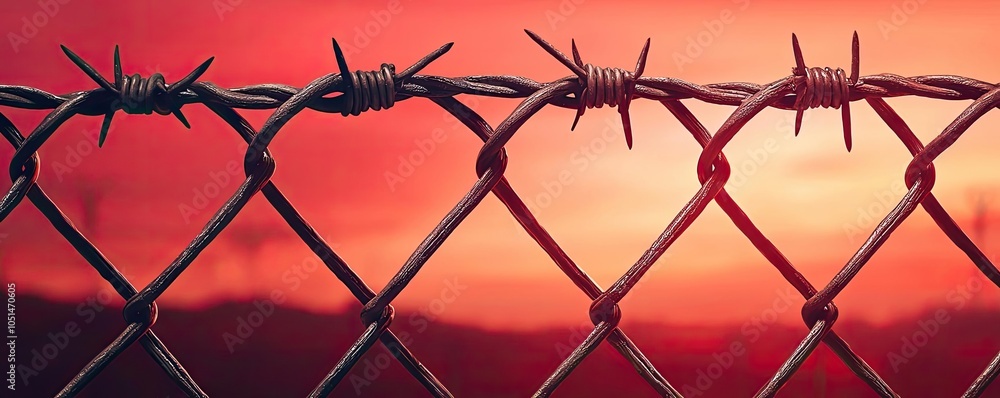 A close-up of a barbed wire fence against a vibrant sunset, symbolizing confinement and boundaries with warm, dramatic lighting. A close-up of a barbed wire fence against a vibrant sunset, symbolizing confinement and boundaries with warm, dramatic lighting.