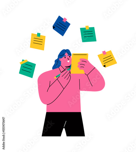 Making notes. Business woman with a notebook and pencil. Flat vector illustration isolated on white background