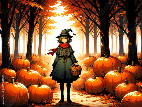 A whimsical Halloween scene featuring a smiling jack-o-lantern on a fence with a playful witch nearby, capturing the festive spirit of autumn nights Generative AI photo