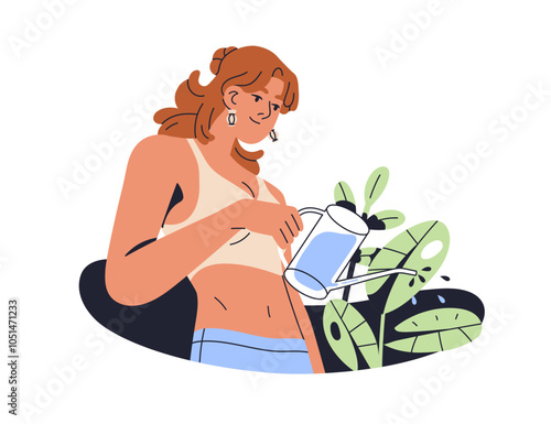 Woman caring about houseplants with watering can. Happy young female enjoying...