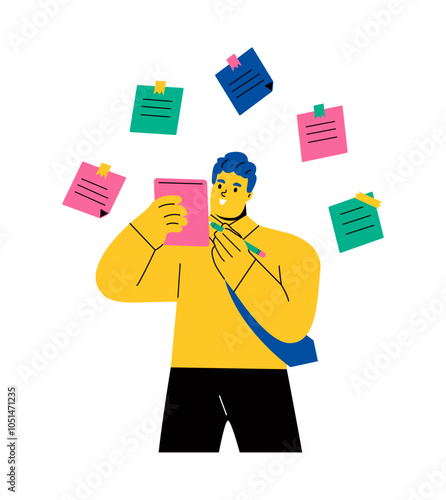 Making notes. Business man with a notebook and pencil. Flat vector illustration isolated on white background