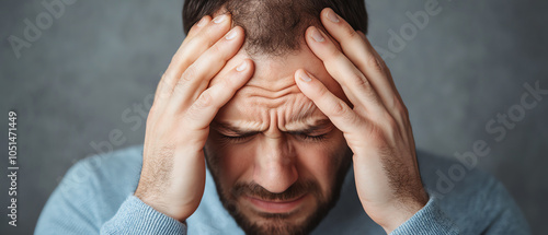 A man expressing frustration with his hands on his head, showcasing an emotional struggle against a neutral background.