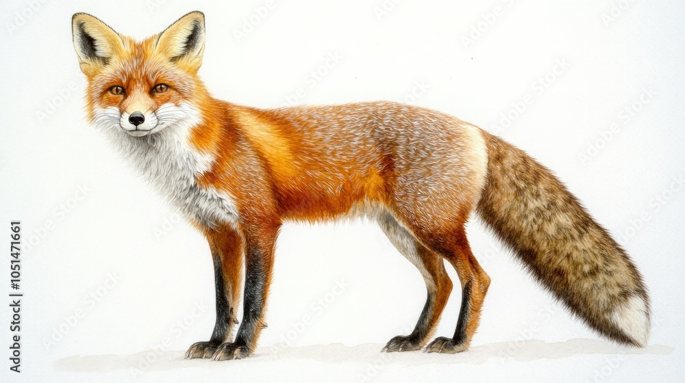 A lively watercolor painting of a red fox standing alertly, with detailed fur and sharp eyes. The clean white background brings focus to the fox elegant figure A lively watercolor painting of a red fox standing alertly, with detailed fur and sharp eyes. The clean white background brings focus to the fox elegant figure