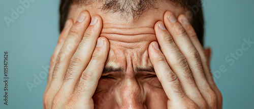 Obraz na płótnie A man expressing stress with his hands covering his face, showcasing a deep emotional struggle against anxiety and overwhelming pressure. w salonie