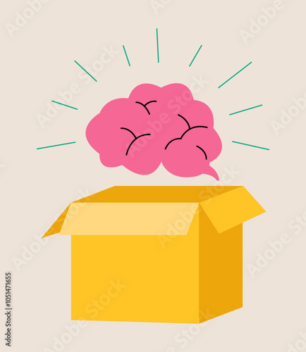 Thinking outside the box concept. The brain hovering outside an open cardboard box. Colorful vector illustration