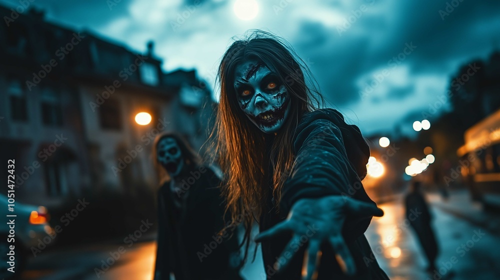 Halloween, young girl dressed as a zombie, face painted like a zombie, hands sticking out in front of her like a zombie, walking towards the front of the screen
Halloween, young girl dressed as a zombie, face painted like a zombie, hands sticking out in front of her like a zombie, walking towards the front of the screen