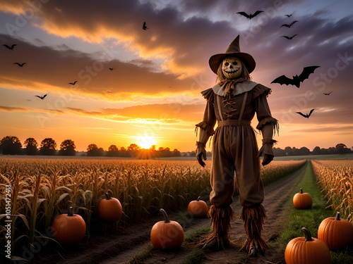 A Halloween scarecrow with pumpkins on a farm during autumn Generative AI